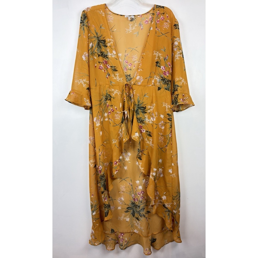 Kimono Long Duster Women XL Robe Tie Boho Yellow Floral Sheer Romantic Gypsy